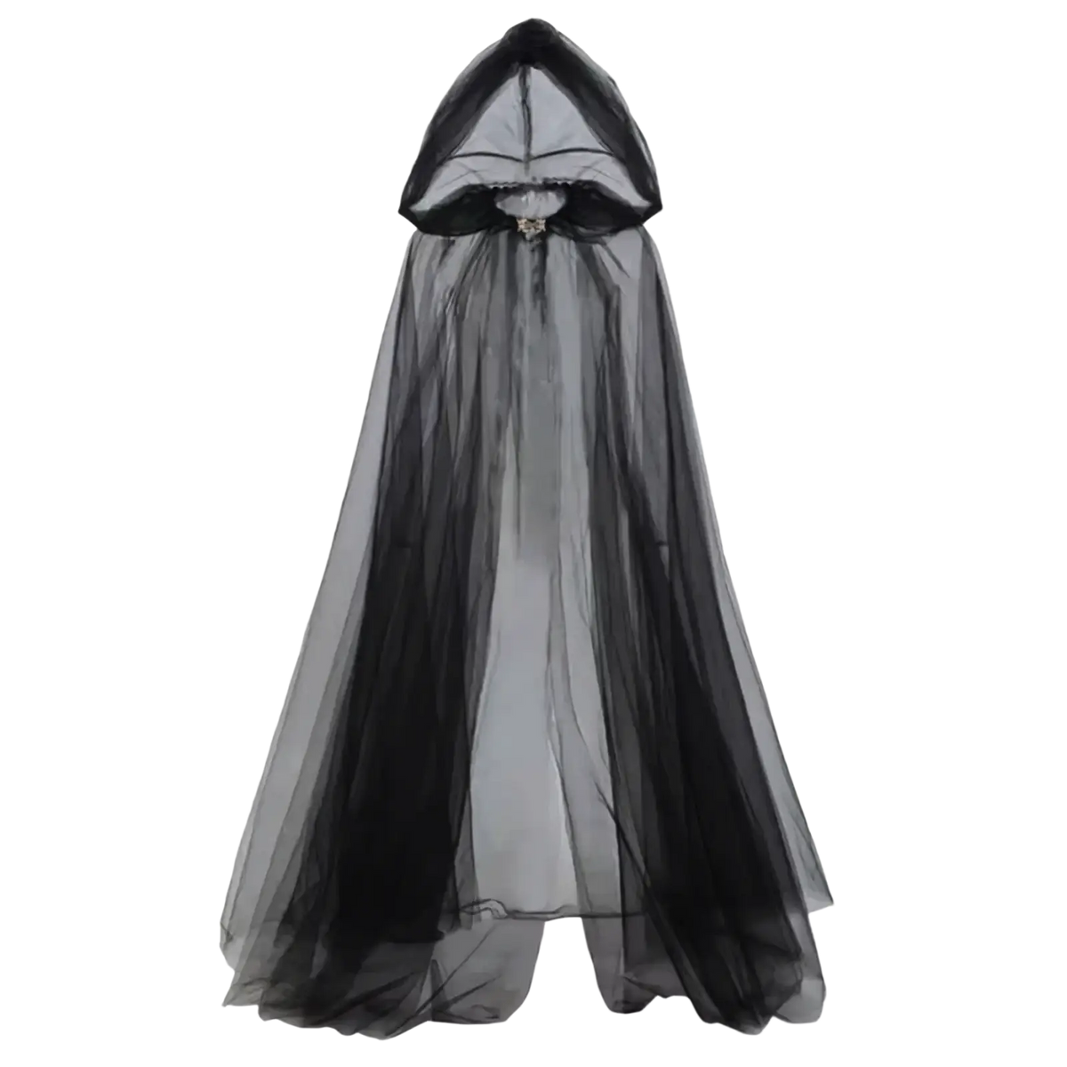 Black sheer mesh hooded cape with a gold-toned brooch at the neckline for ghost costume death god witch outfit
