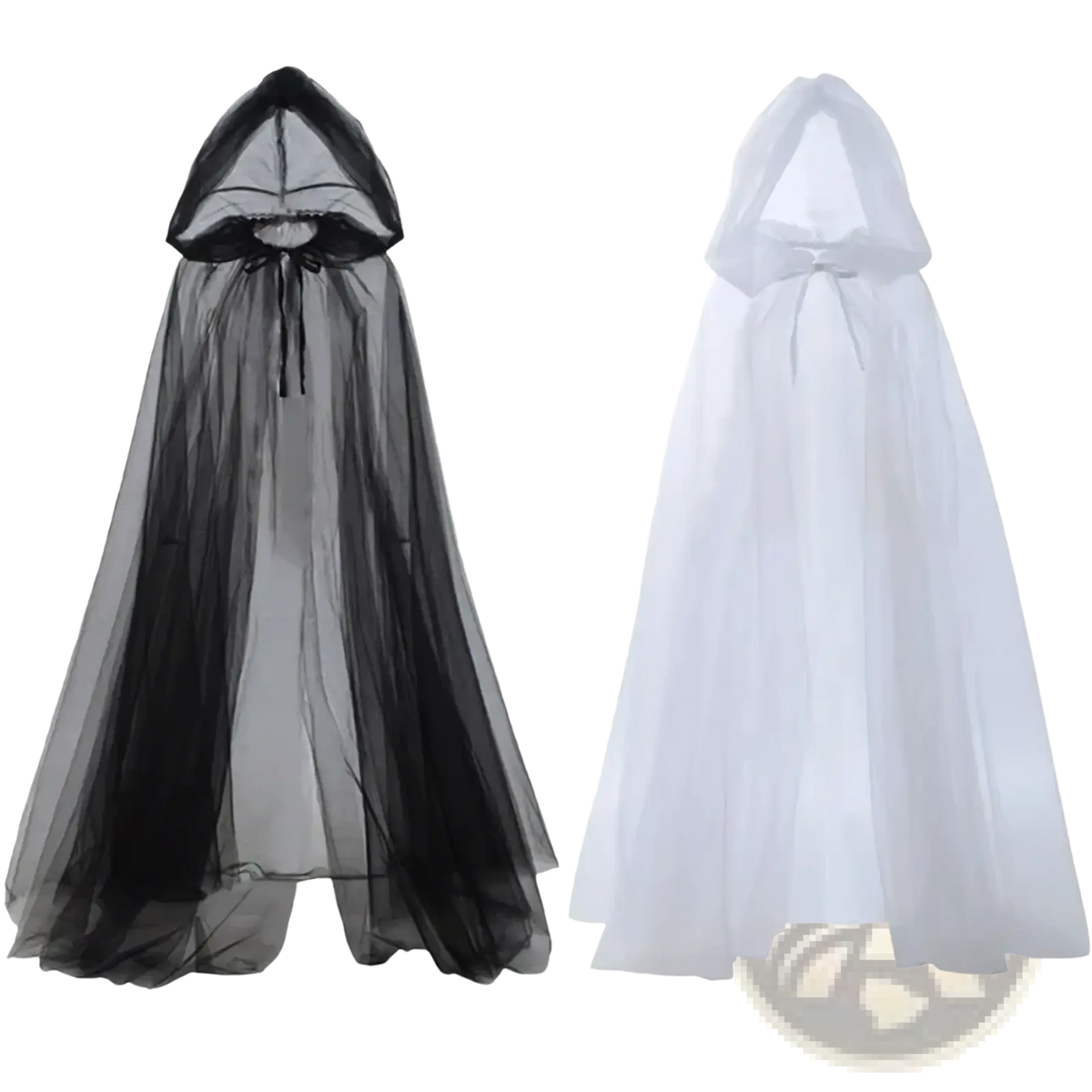 Black and white sheer hooded capes made of lightweight tulle fabric for ghost costume death god witch outfit