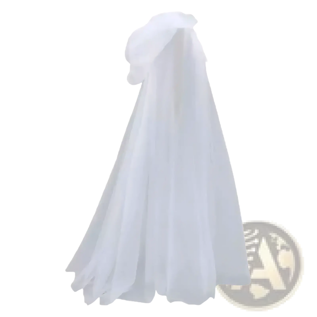 A delicate white tulle veil with a gathered bow on top for ghost costume hooded cloak death god witch outfit