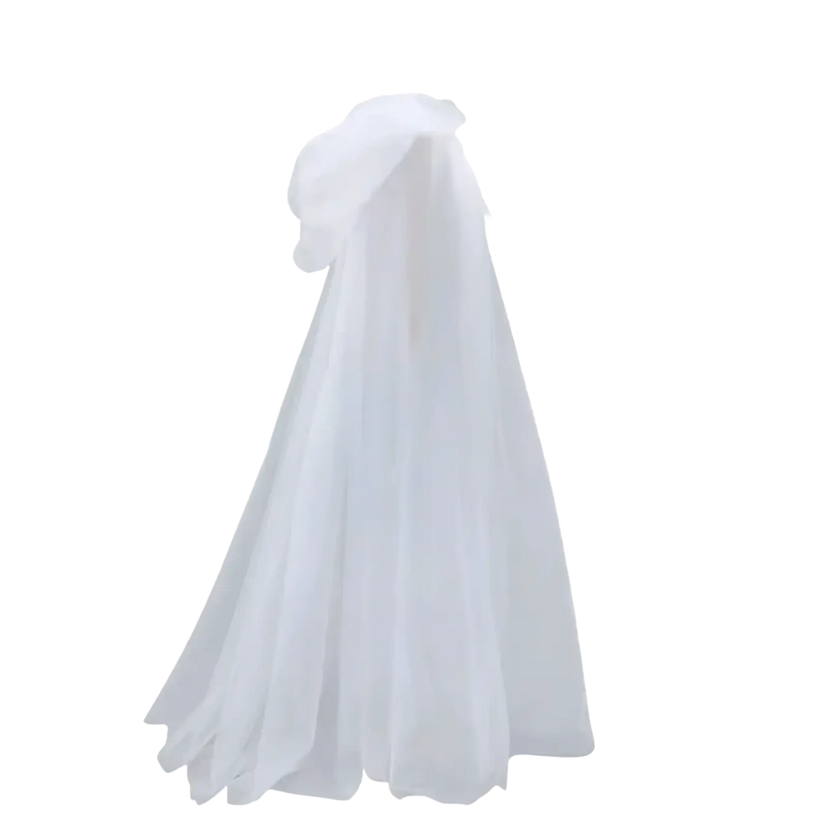 A delicate white tulle veil with a gathered crown atop in a ghost costume hooded cloak death god witch outfit