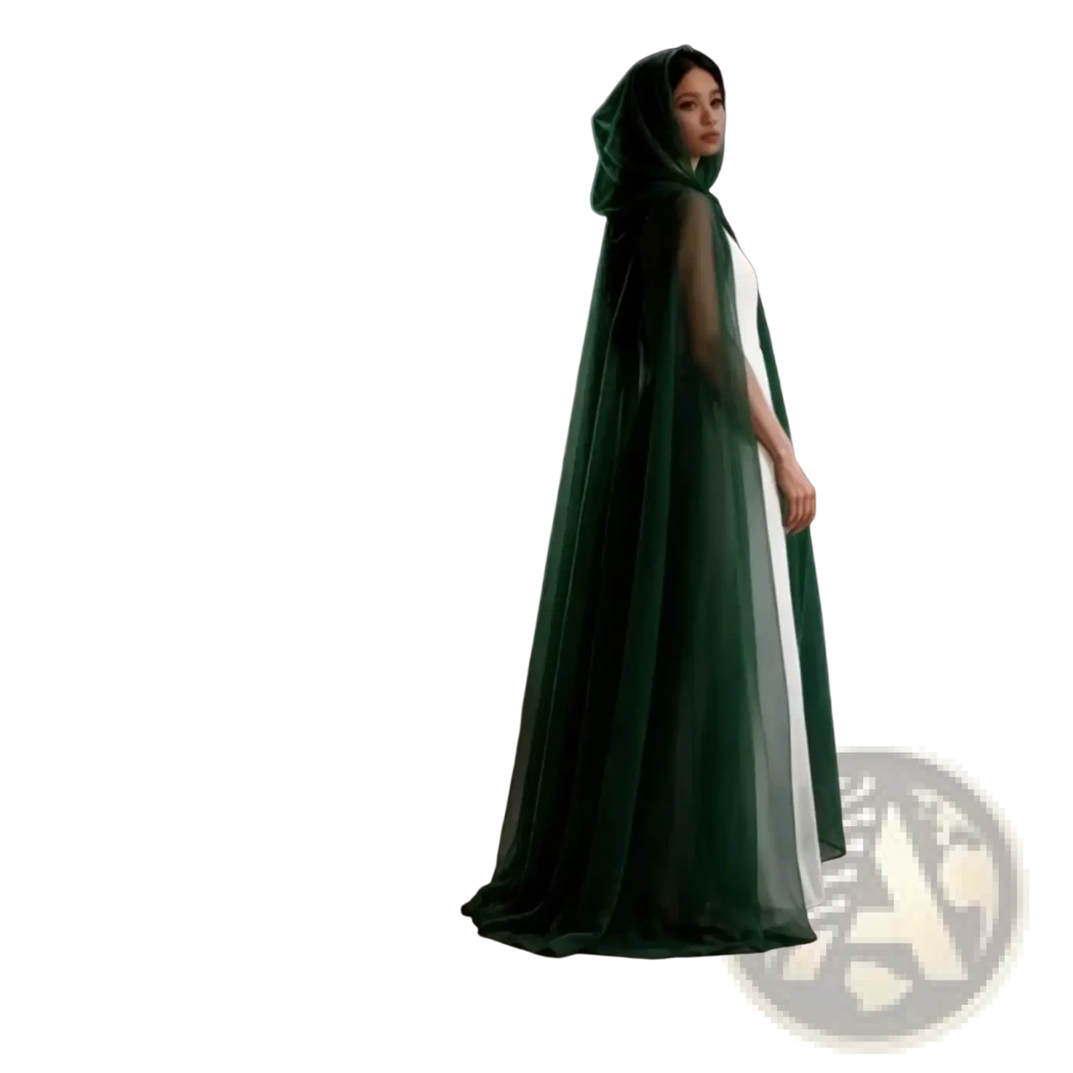 A flowing emerald green velvet ghost costume hooded cloak with sheer inner lining for death god witch outfit
