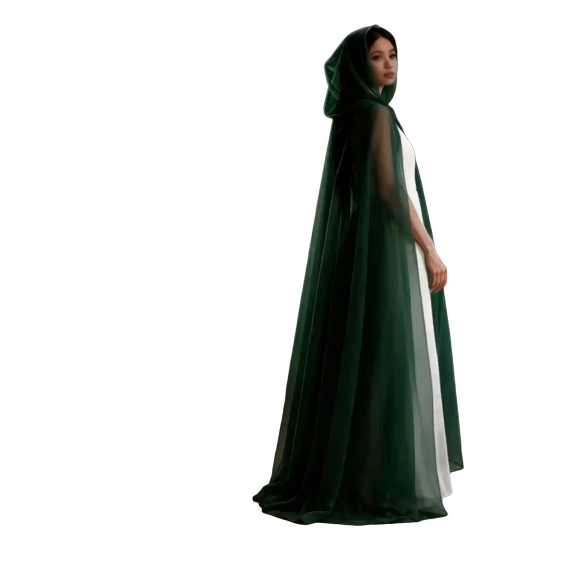 A flowing emerald green velvet ghost costume hooded cloak with sheer inner lining for death god witch outfit