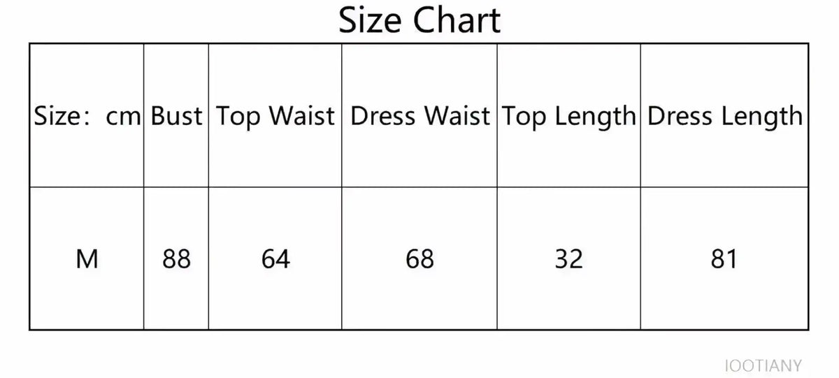 Size chart for m-sized ghost doll cosplay costume showing bust top waist dress waist top length and dress length in cm