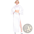 White high-waisted ghost doll cosplay skirt with silver metallic belt and thigh-high slit for women halloween outfit