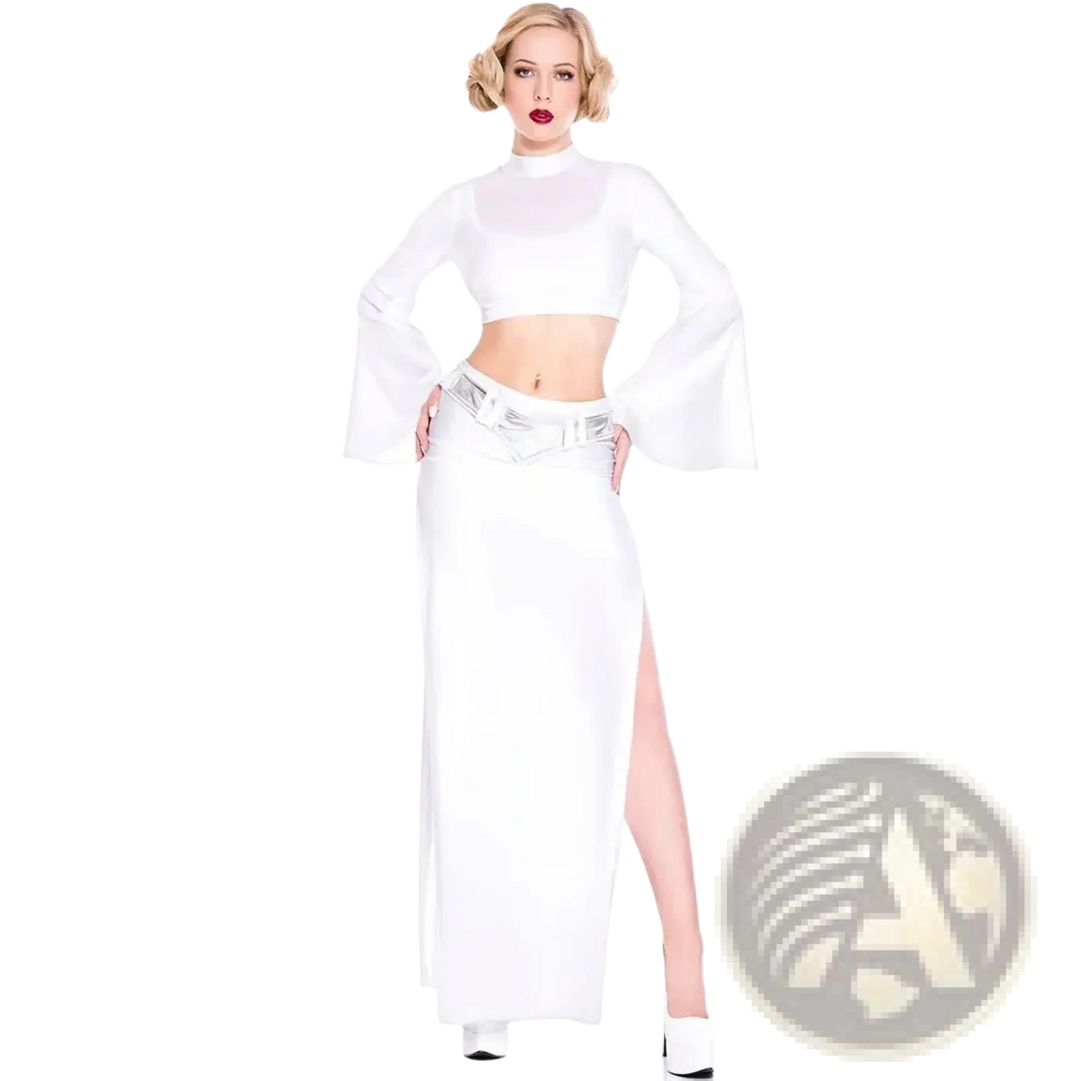 White high-waisted ghost doll cosplay skirt with silver metallic belt and thigh-high slit for women halloween outfit