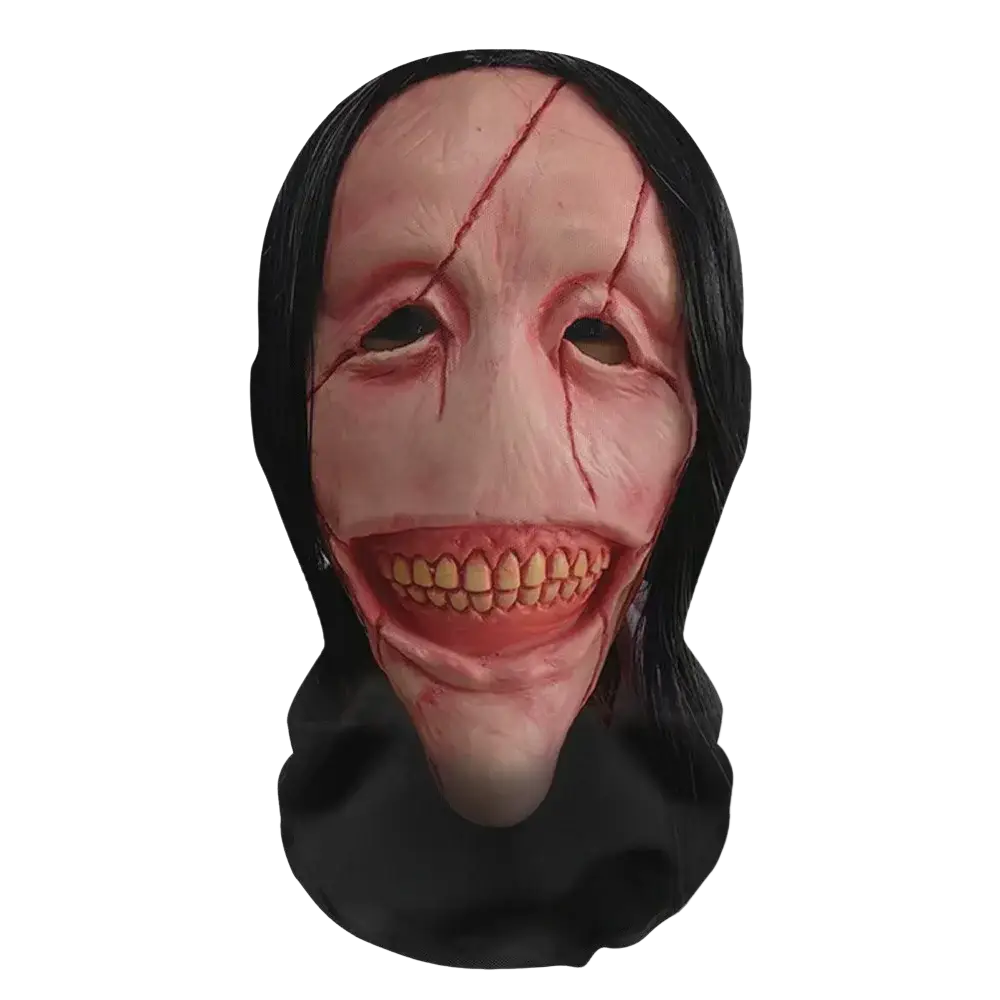 Black latex ghost face halloween mask with pale stitched face and wide grin for cosplay and horror use