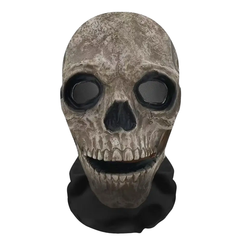 Ghost face halloween mask featuring a detailed weathered gray mesh skull design with black eye and mouth openings