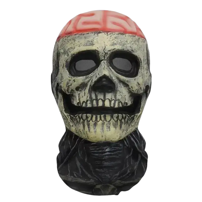 Ghost face halloween mask with weathered skull design, red patterned band, and black mesh eye openings for cosplay