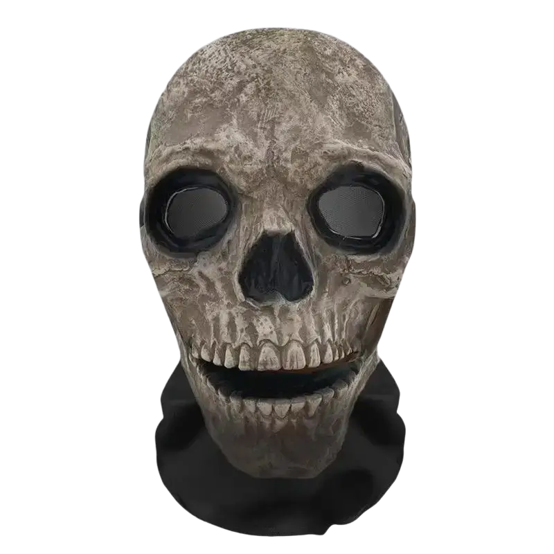 Ghost face halloween mask detailed weathered gray skull design with black mesh eye and mouth openings for cosplay