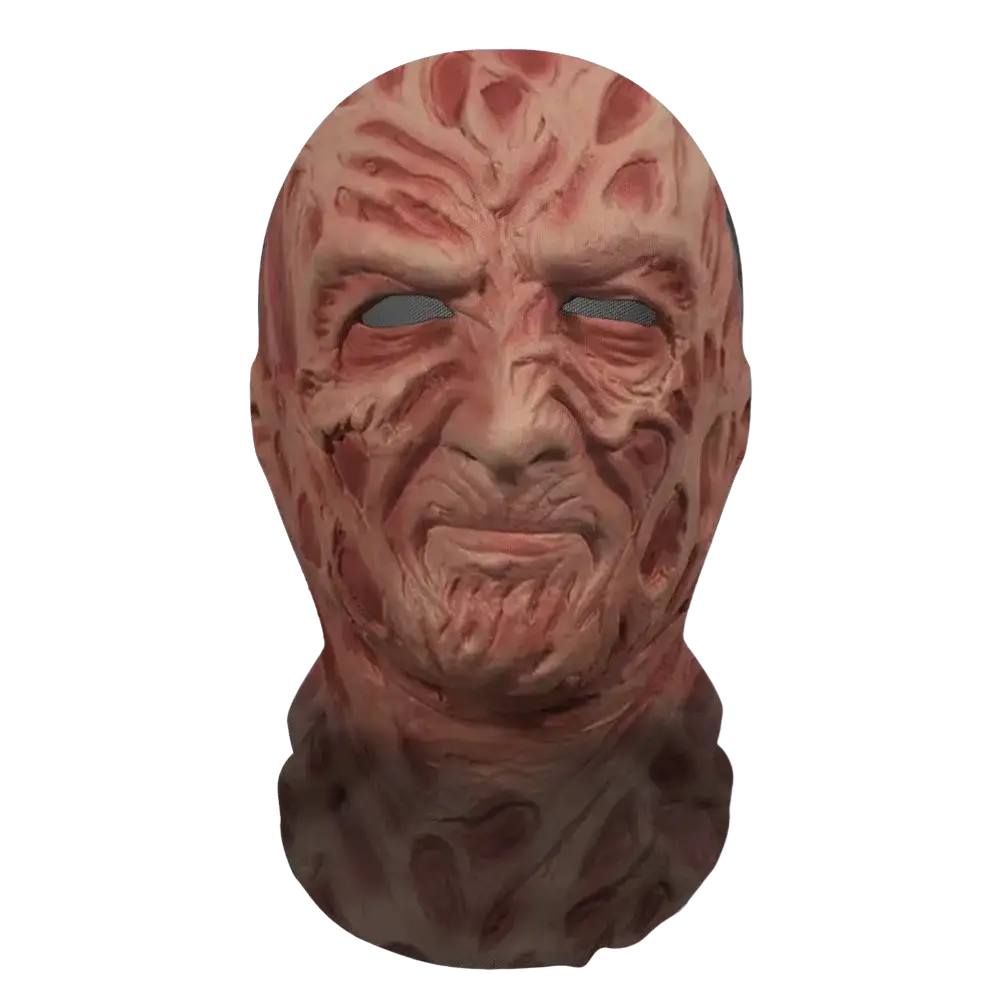 A detailed textured red and brown latex ghost face halloween mask with a menacing expression for cosplay skull headdress
