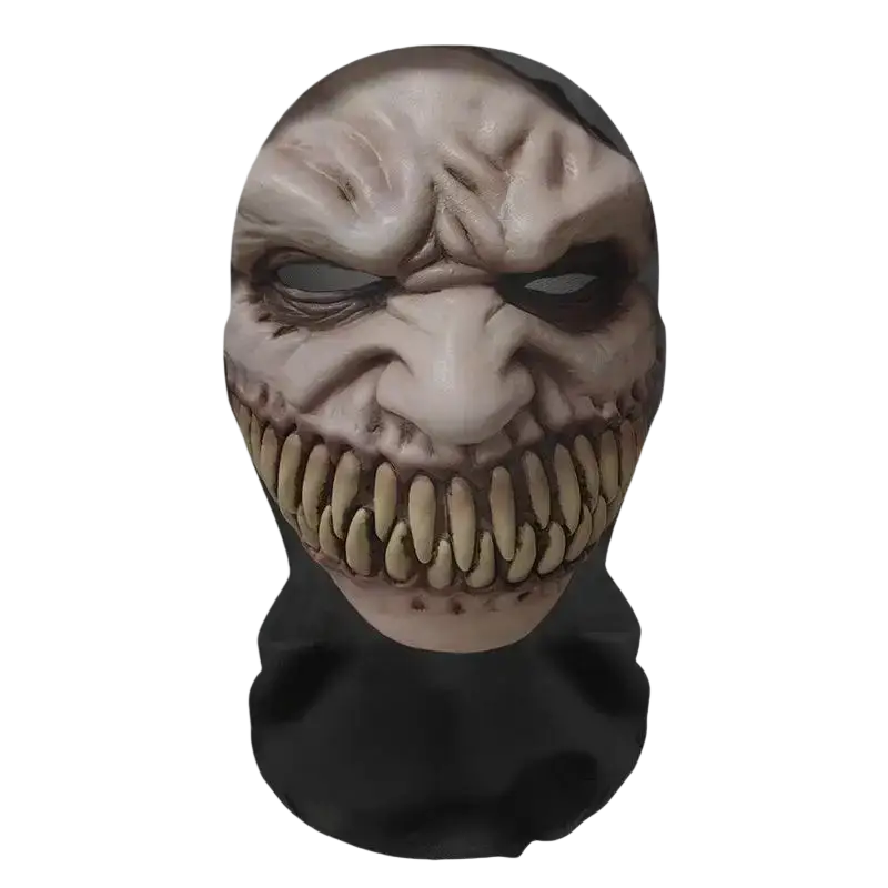 A grayish-white latex ghost face halloween mask with a grotesque toothy grin and deep-set eyes for cosplay