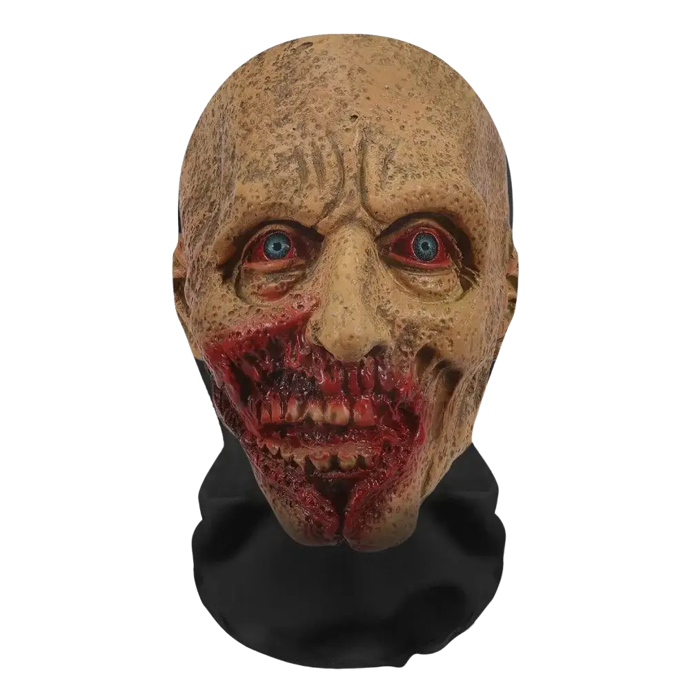 Ghost face halloween mask detailed beige latex with vivid blue eyes and bloody decaying features for cosplay