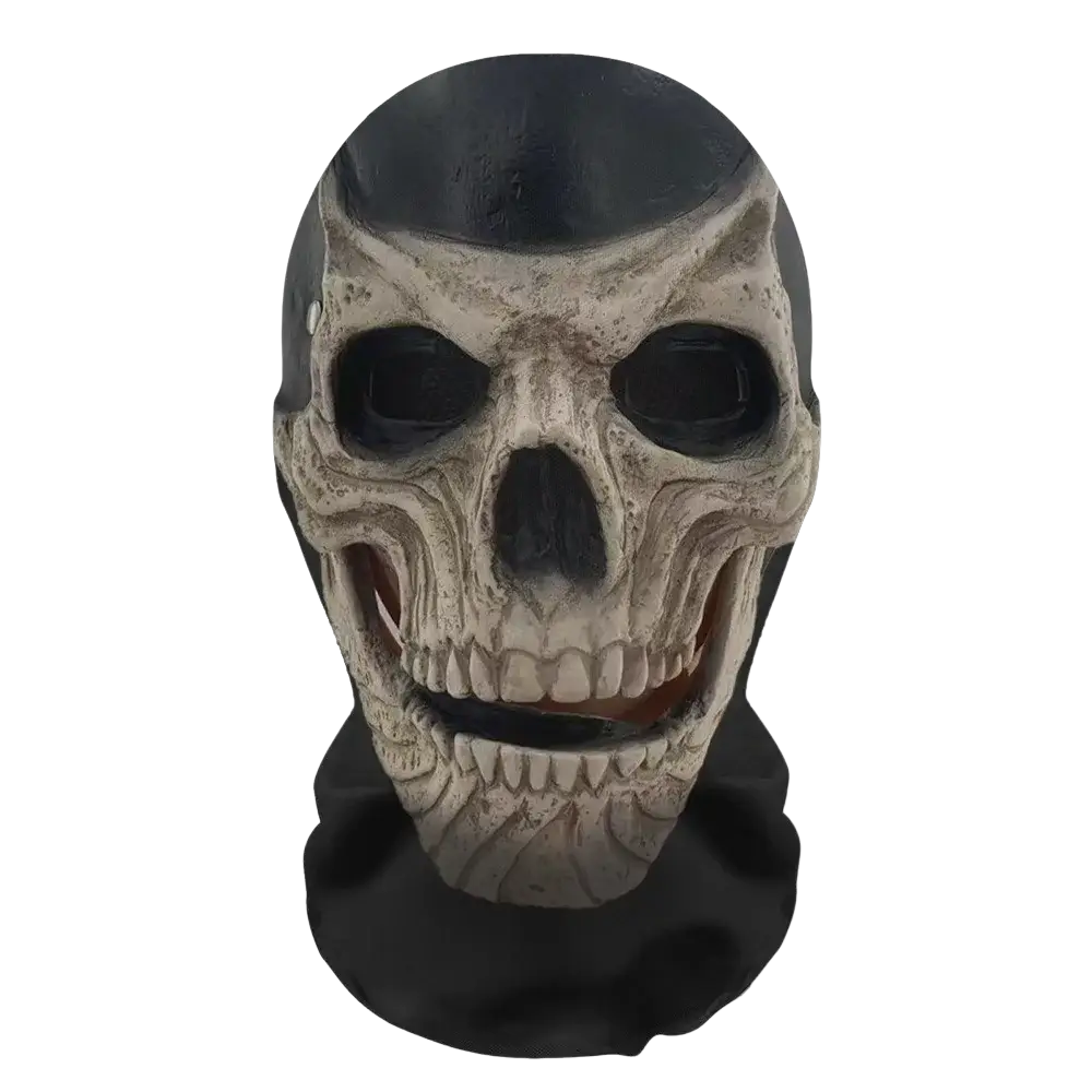 Ghost face halloween mask featuring a detailed black and off-white textured mesh skull for cosplay headdress use