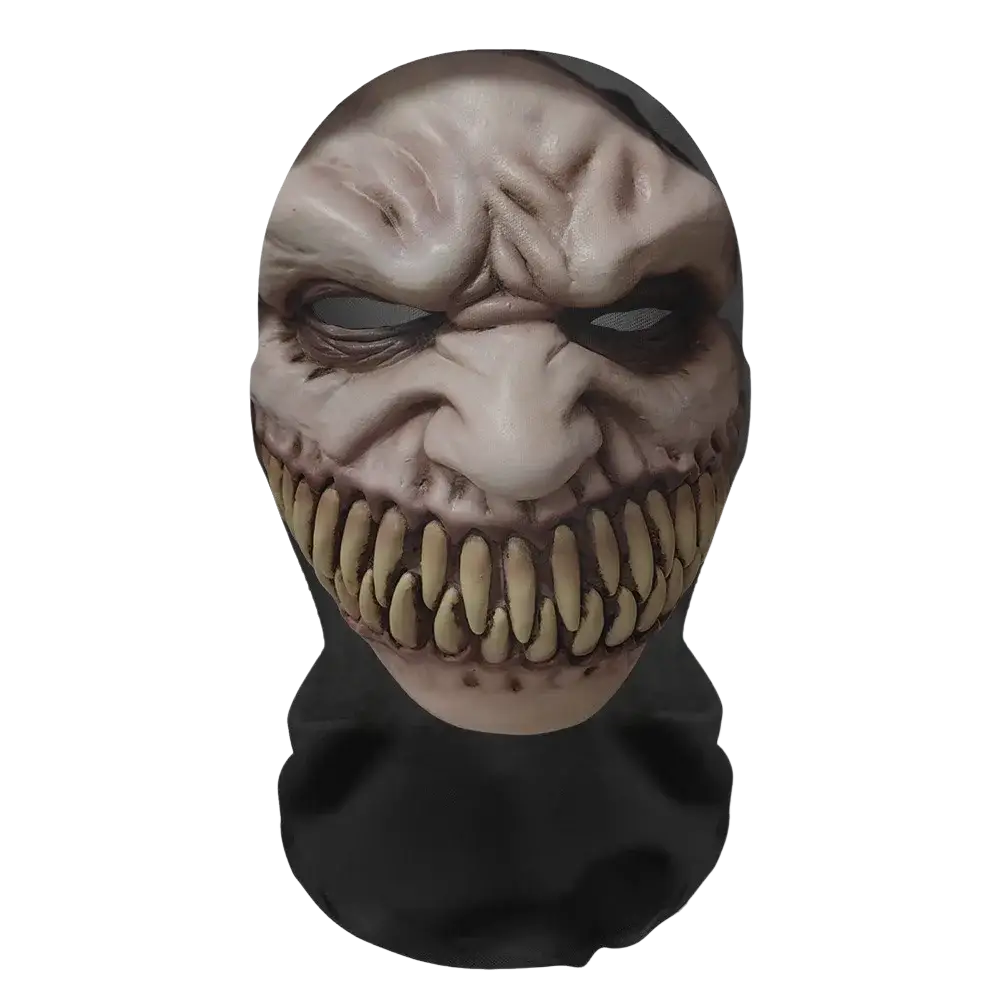 A menacing full-face ghost face halloween mask with grotesque textured wrinkles and sharp yellow teeth for cosplay