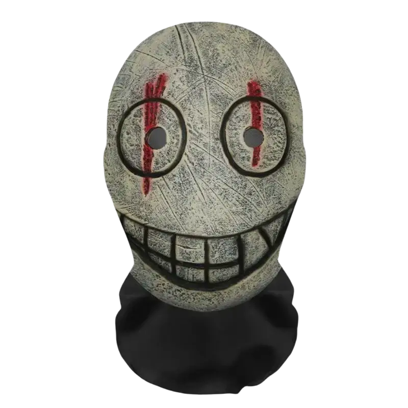 Ghost face halloween mask gray textured rubber with red stripes black grid grin for cosplay and skull headdress use