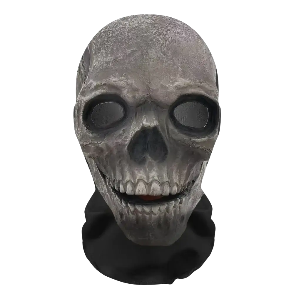 Gray textured ghost face Halloween mesh skull mask with black eye and mouth openings for cosplay use