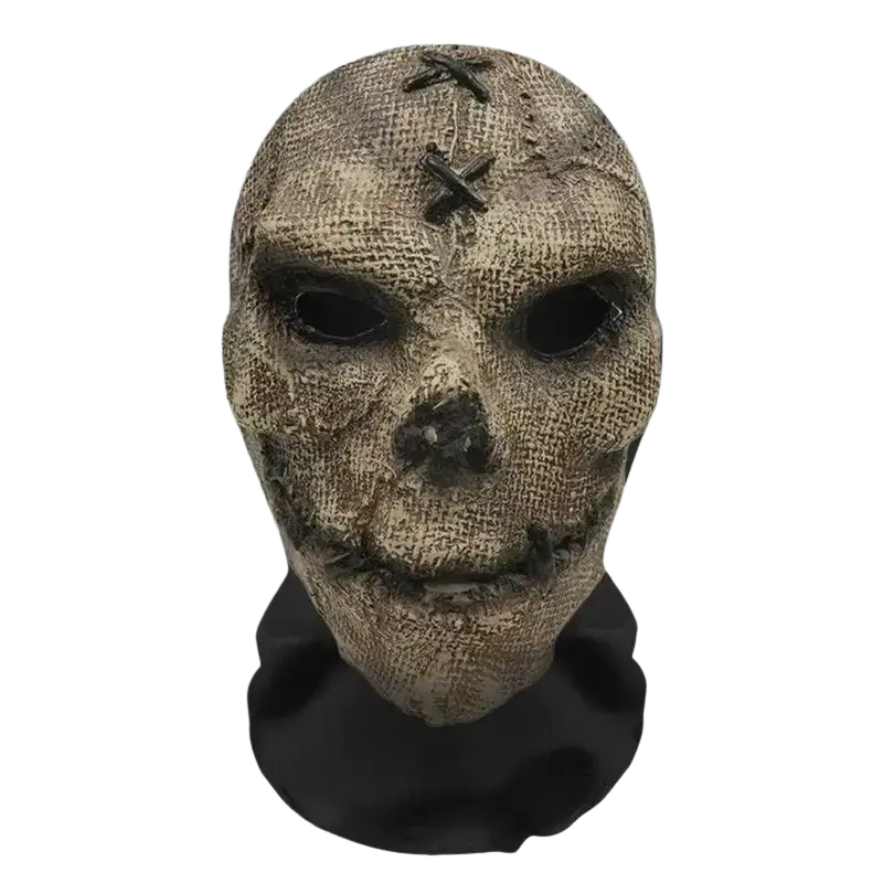 Ghost face halloween mask textured beige and gray skull design with stitched burlap fabric details for cosplay headdress