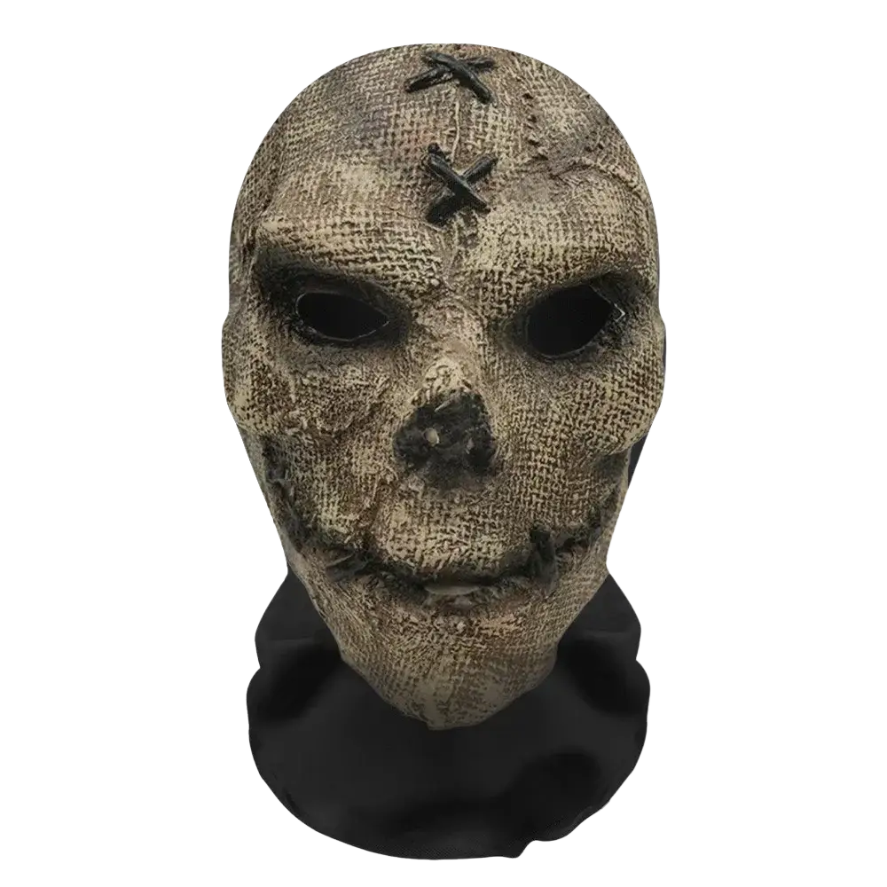 Ghost face halloween mask with textured beige and gray stitched mesh skull design featuring black eye holes and dark nose area