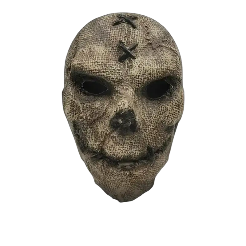 A beige burlap ghost face halloween mask with stitched black x’s and dark eye sockets for cosplay headdress