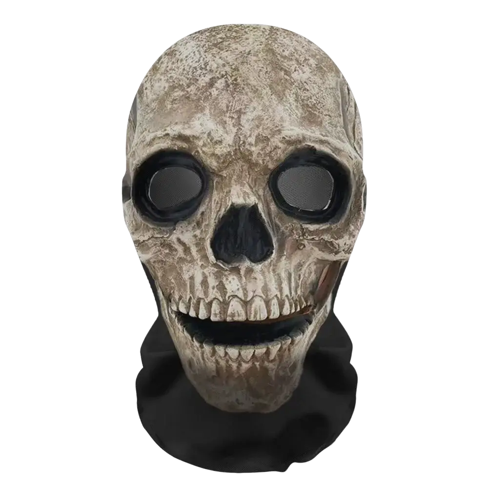 Beige mesh skull cosplay headdress with black eye and mouth openings ghost face halloween mask