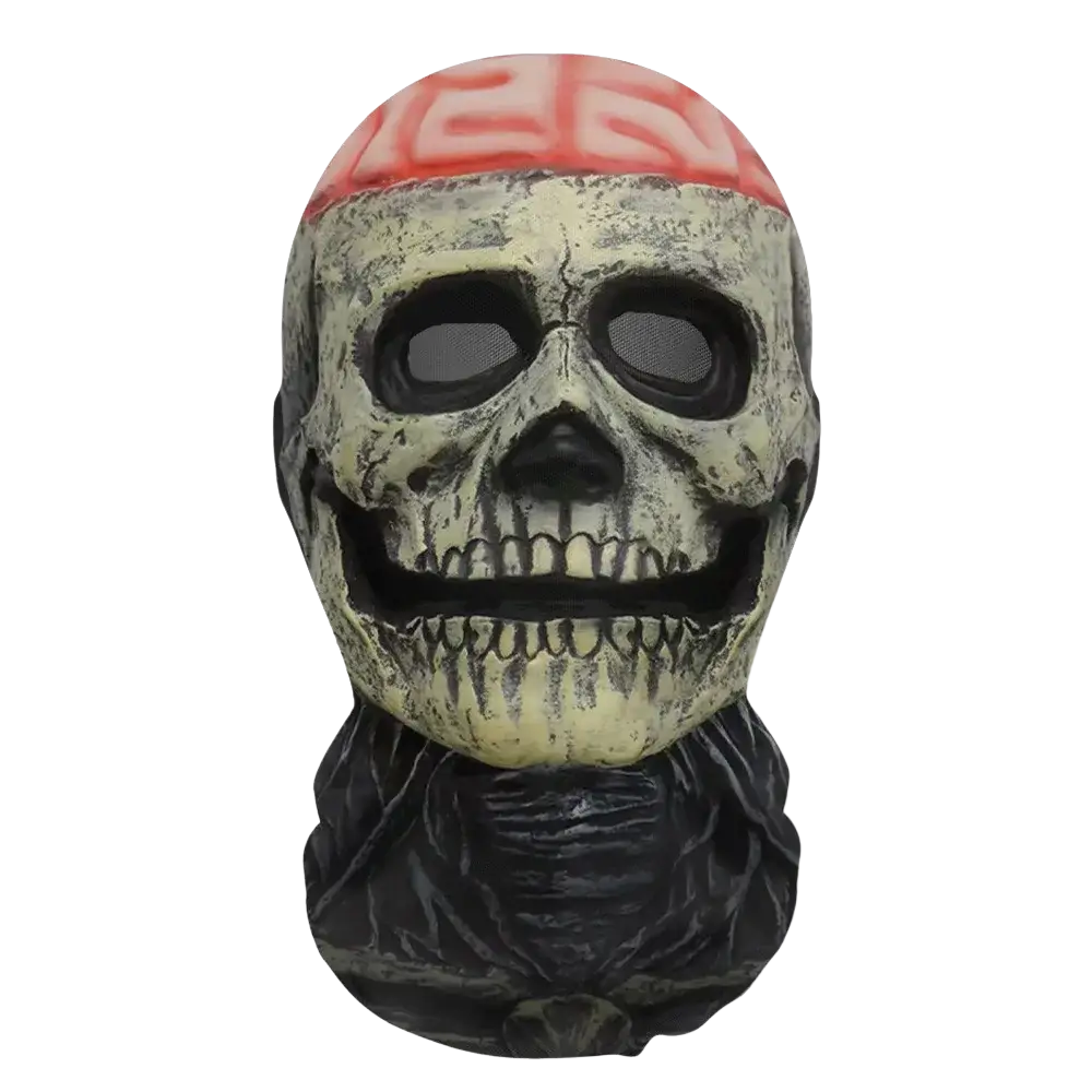 Ghost face halloween mask featuring an off-white skull with black openings red geometric forehead pattern and textured neck piece