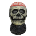 Ghost face halloween mask featuring an off-white skull with black openings red geometric forehead pattern and textured neck piece