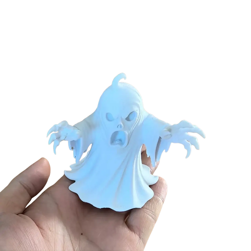 A translucent white ghost figurine with outstretched arms and a startled expression held in hand for Halloween decor