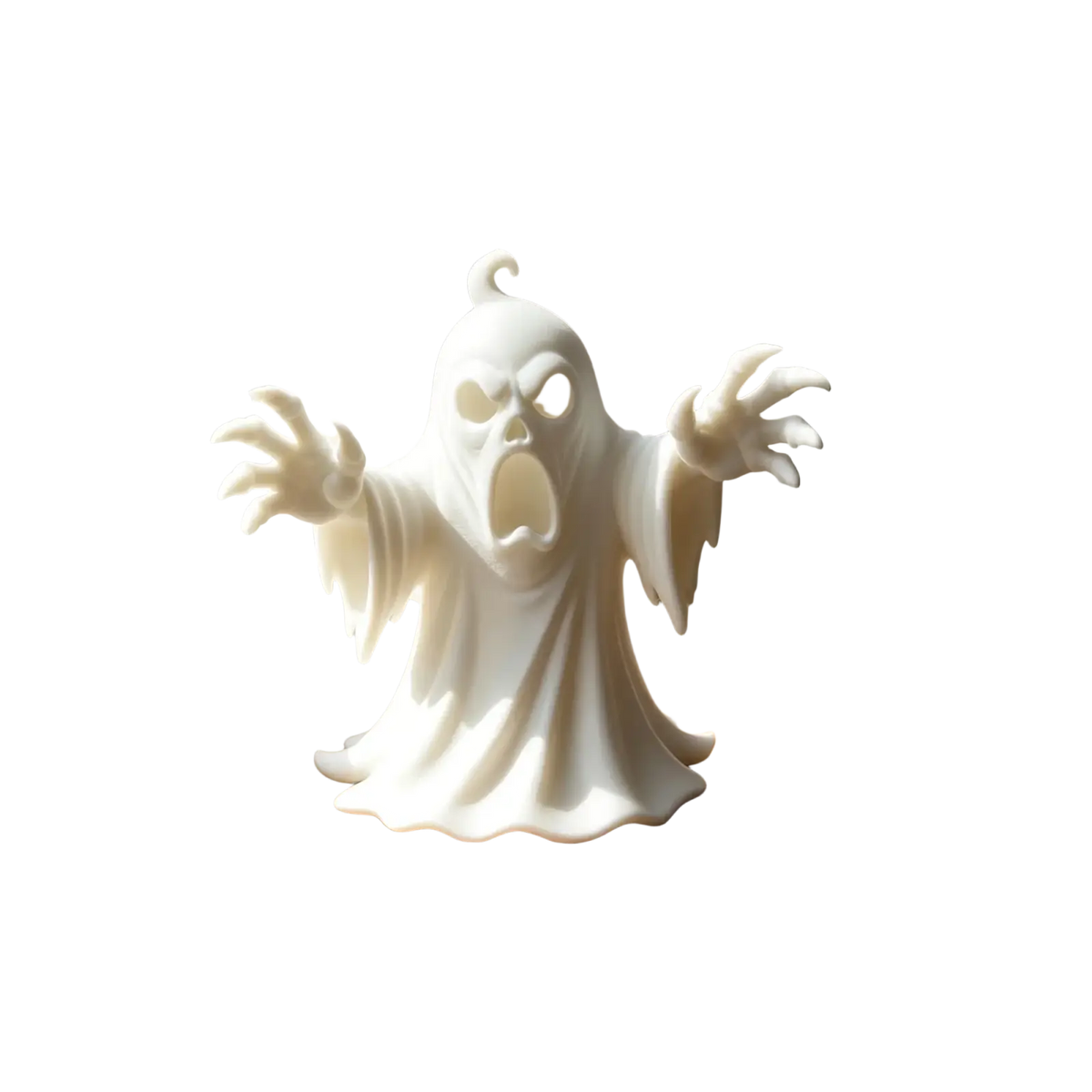 White ghost figurine with outstretched arms and surprised expression made of smooth resin for Halloween tabletop decor