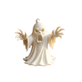 A white ghost figurine with outstretched arms and a screaming face on a wooden shelf for halloween decor
