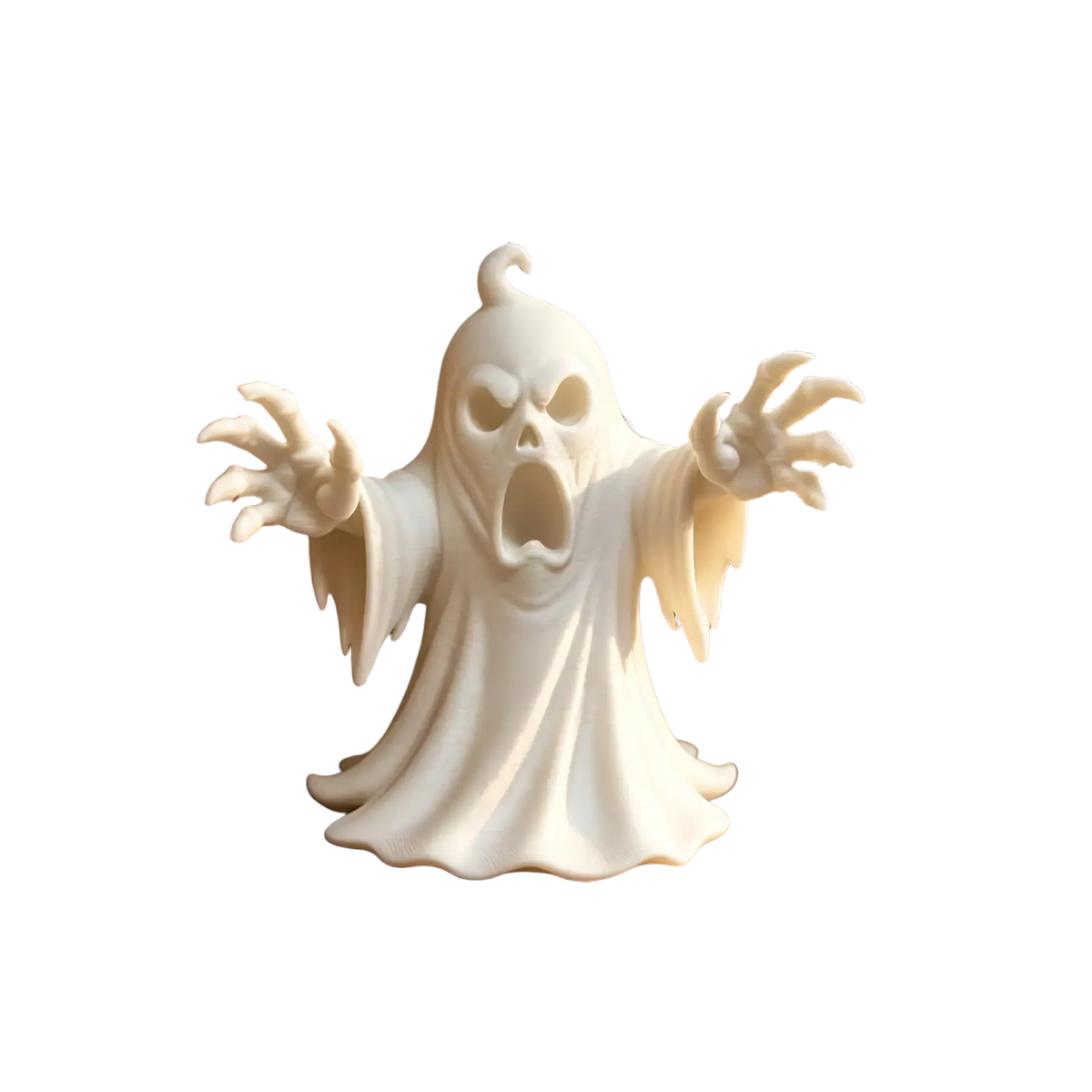 A white ghost figurine with outstretched arms and a screaming face on a wooden shelf for halloween decor
