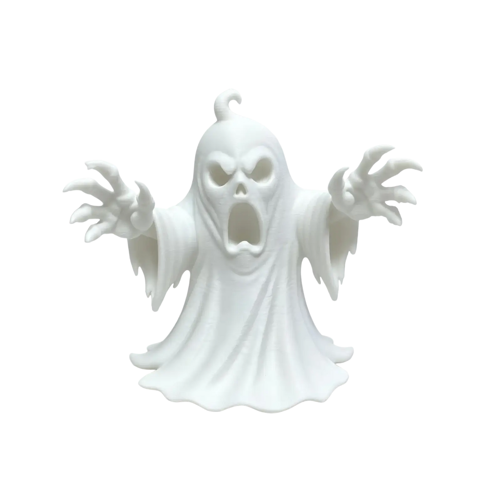 A white intricately detailed ghost figurine with outstretched arms and screaming face for halloween tabletop decor