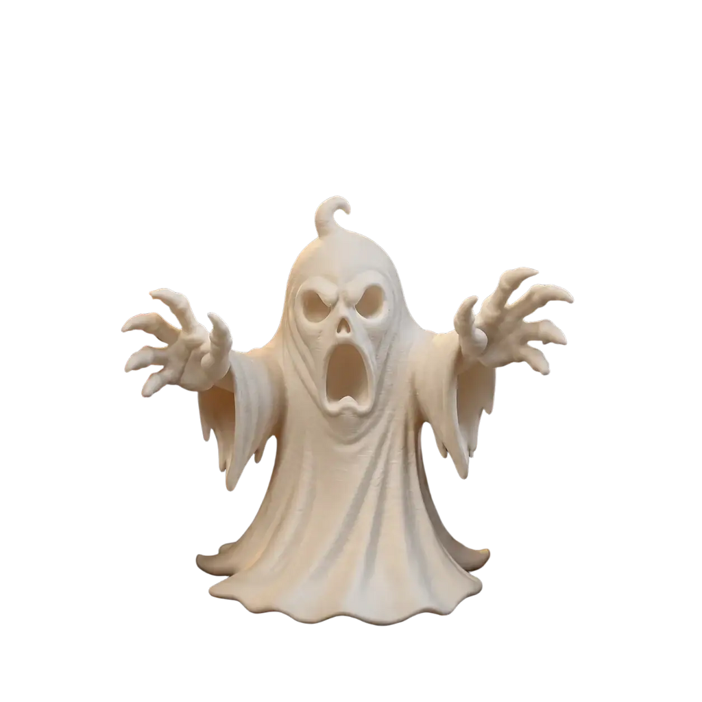 White plastic ghost figurine with spooky expressive face and outstretched arms for Halloween tabletop decor
