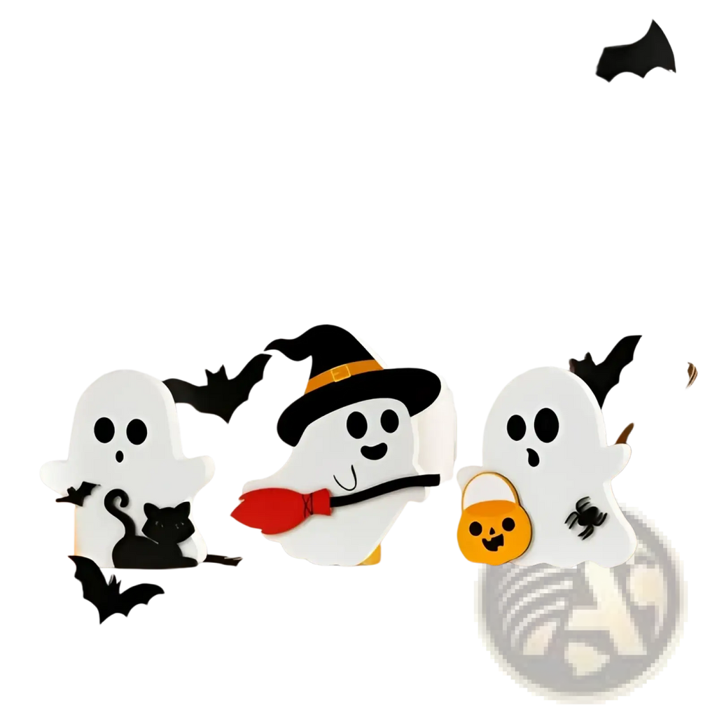 White ghost wooden figurine with black eyes smiling face wearing black witch hat orange band for Halloween decor set