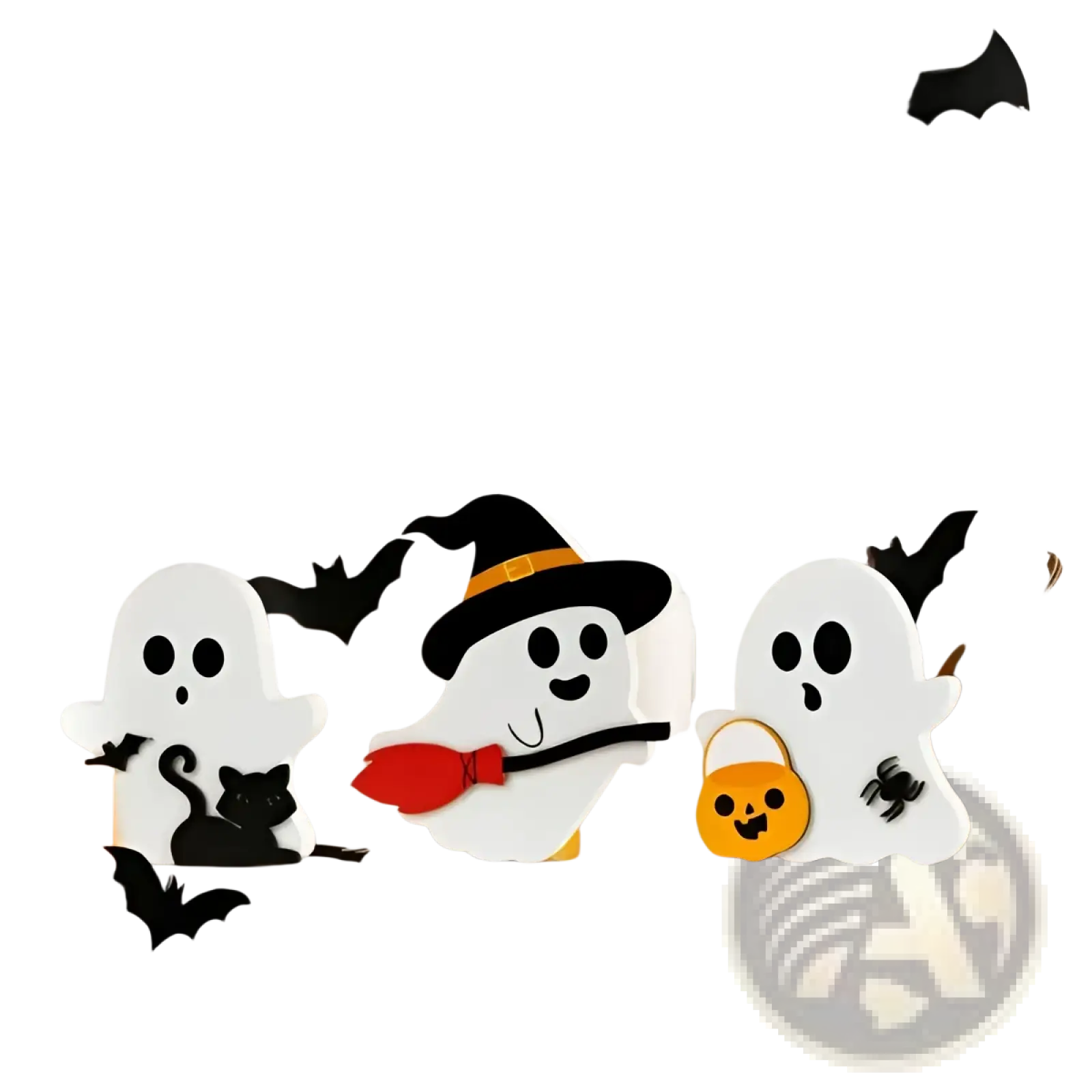 White ghost wooden figurine with black eyes smiling face wearing black witch hat orange band for Halloween decor set