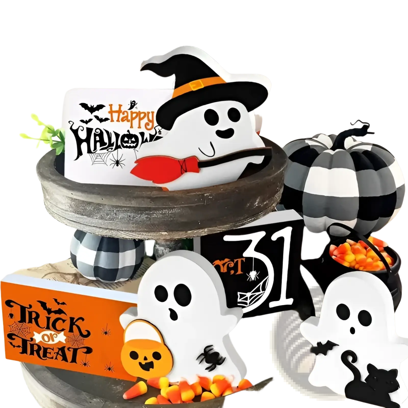 White ghost-shaped wooden halloween tiered tray decor with black eyes smiling mouth and orange witch hat with yellow band