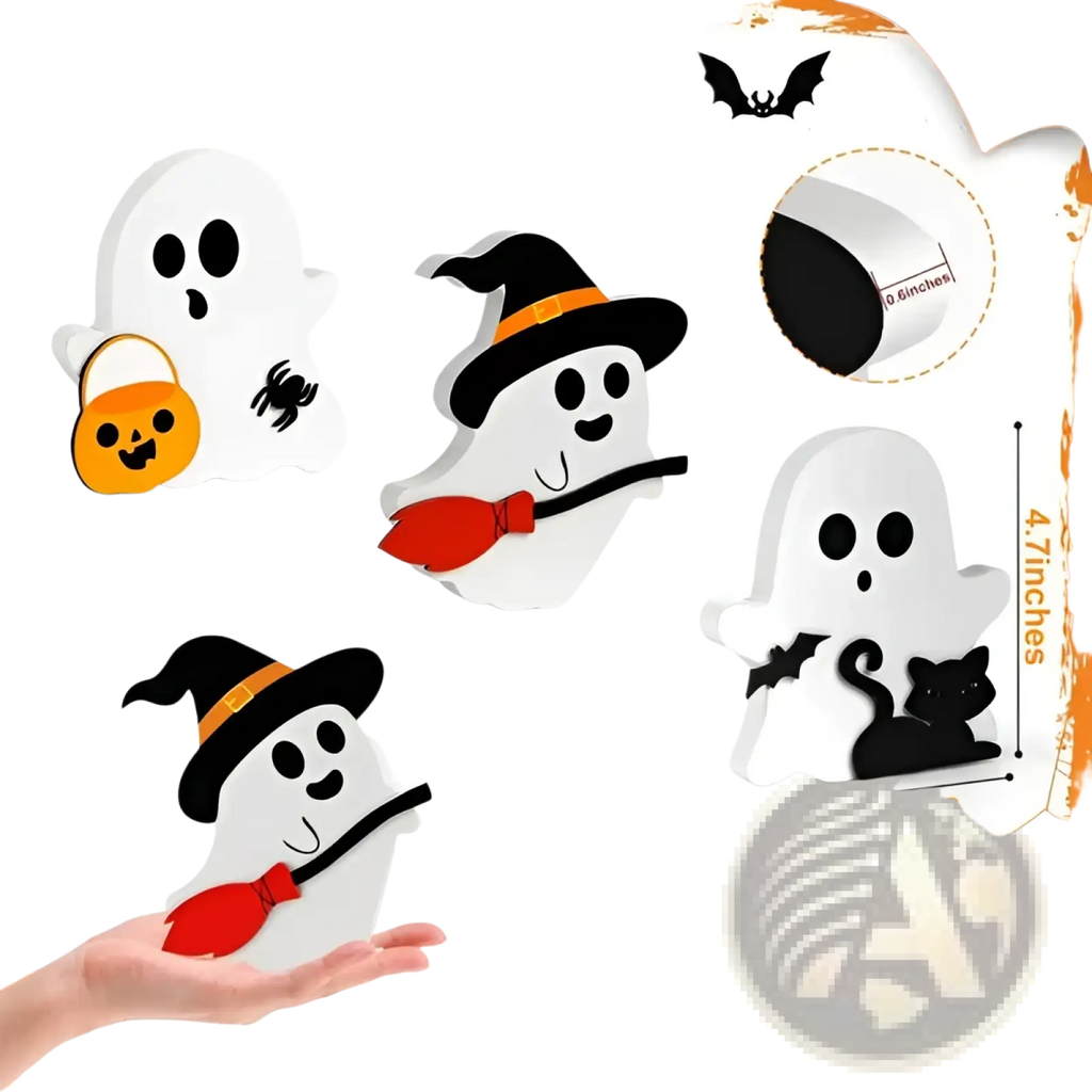 White wooden ghost halloween tiered tray decor set of 3 with smiling faces holding pumpkin basket and riding broomstick