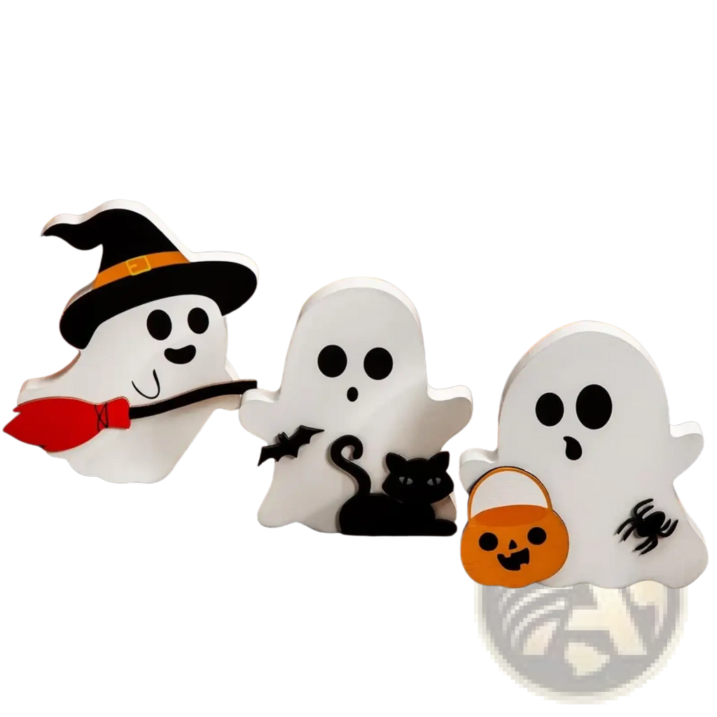 Three white wooden halloween ghost figurines with witch hat broom black cat bat and pumpkin basket decor set of 3