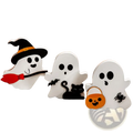 Three white wooden halloween ghost figurines with witch hat broom black cat bat and pumpkin basket decor set of 3