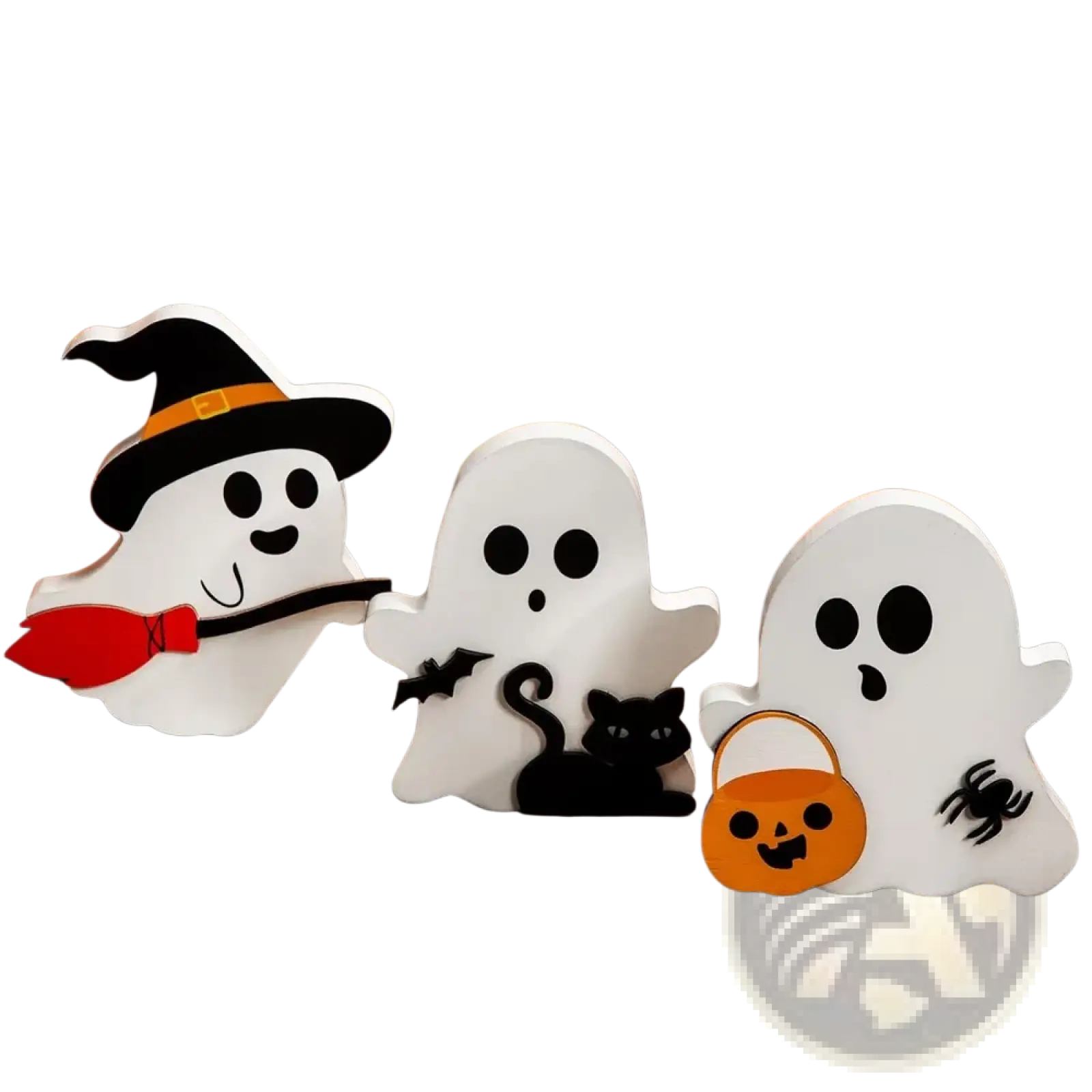 Three white wooden halloween ghost figurines with witch hat broom black cat bat and pumpkin basket decor set of 3