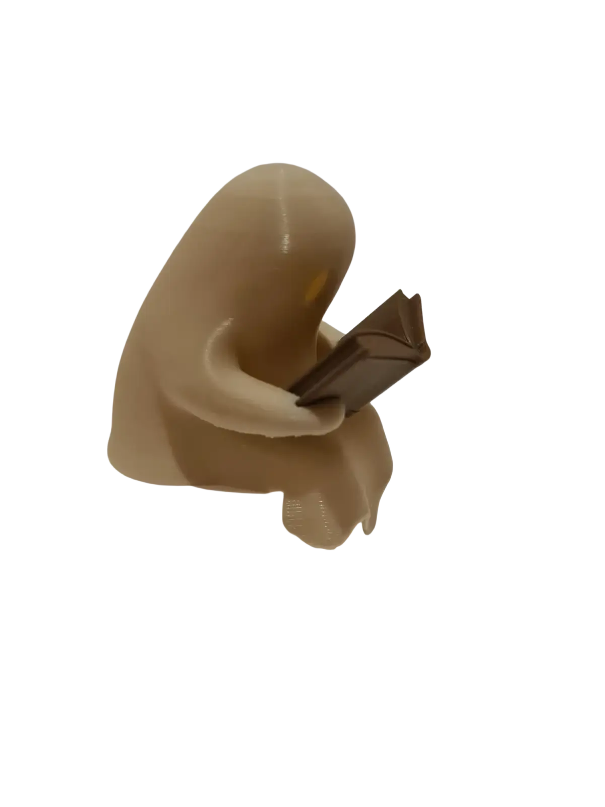 Beige smooth-surfaced ghost reading book figurine holding an open book with flickering tealight feature