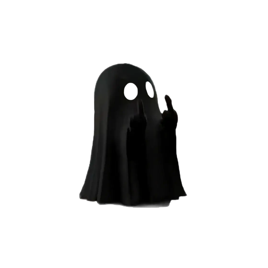 Black ghost reading book figurine with white eyes raising middle finger and flickering tealight inside