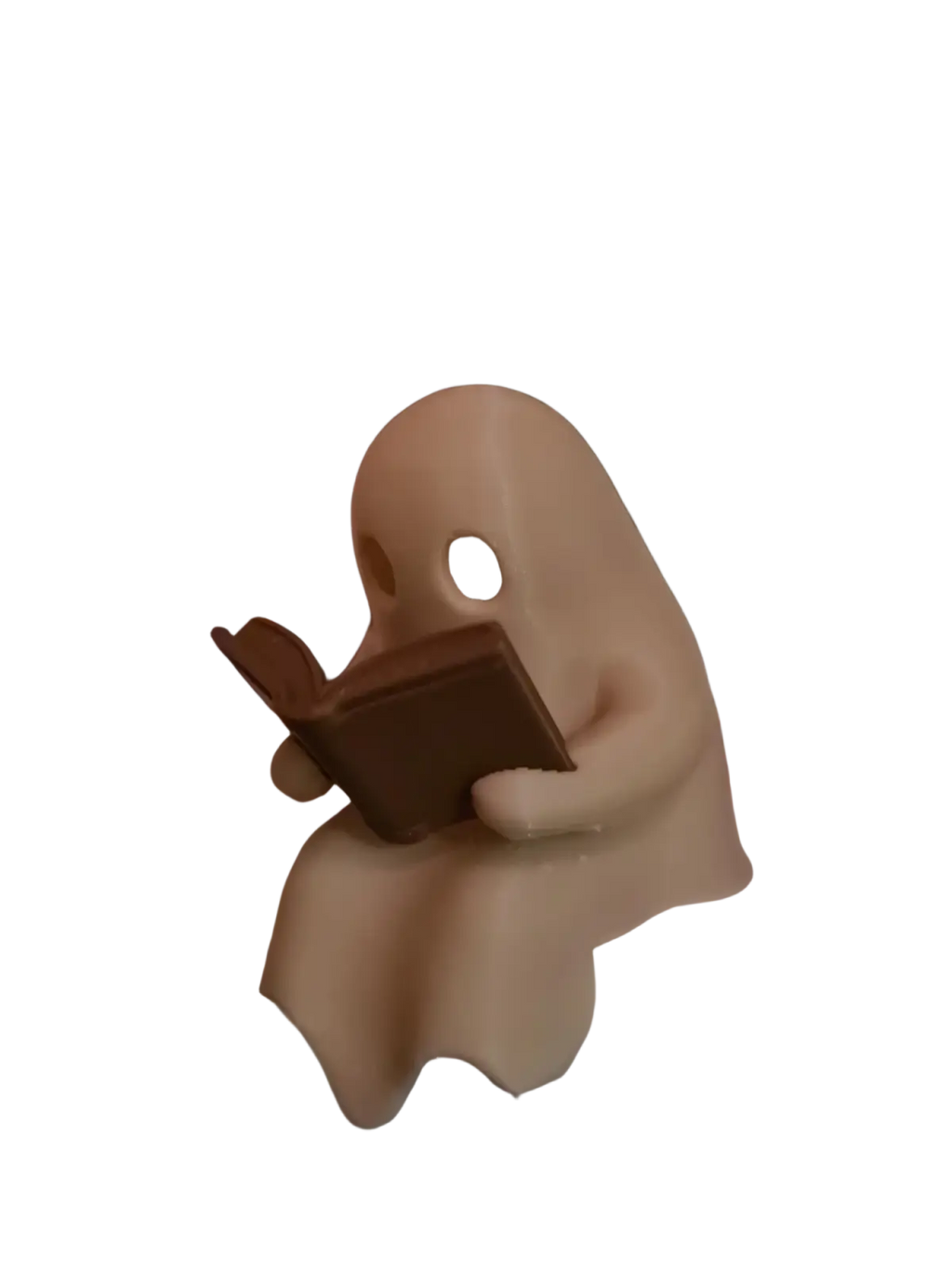 Cream-colored ghost reading book figurine with flickering tealight holding a small brown book