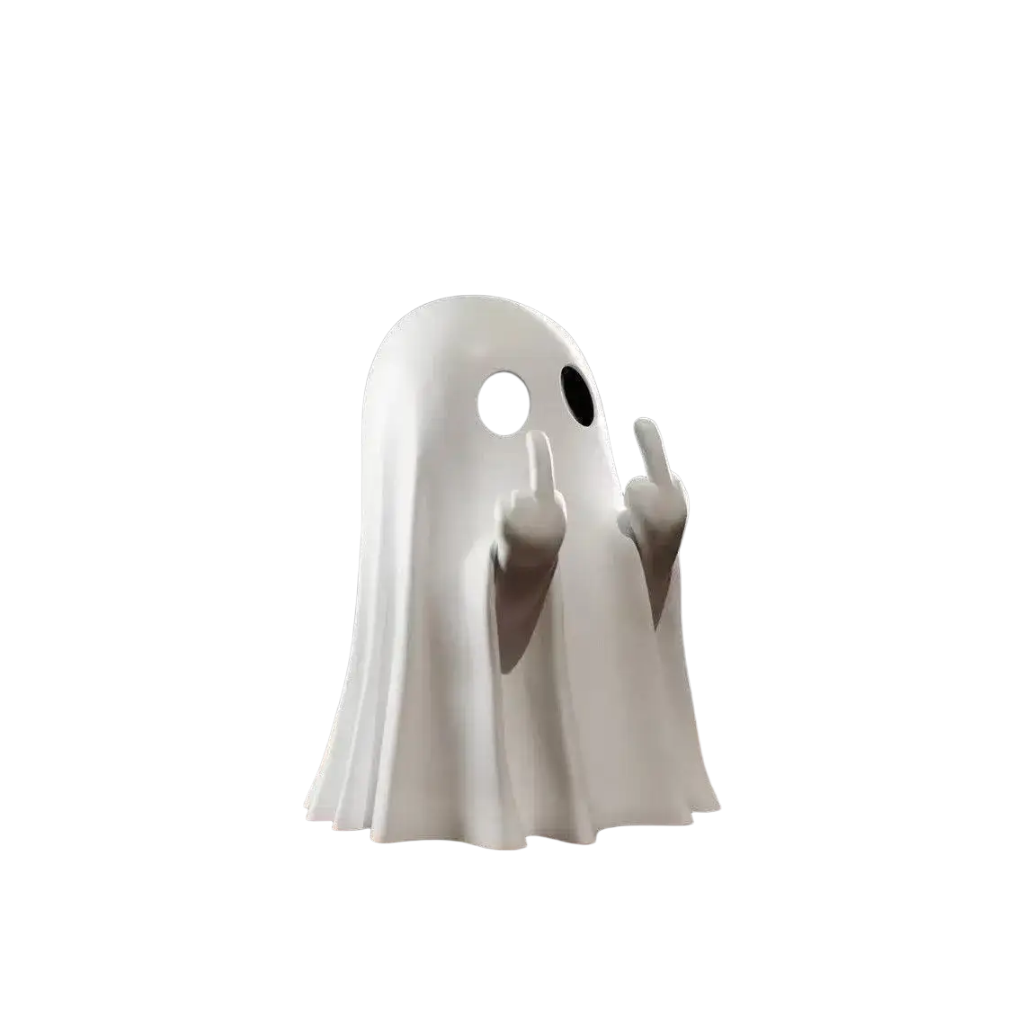 White ghost reading book figurine with black eyes and raised middle fingers featuring flickering tealight illumination