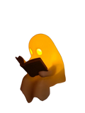 A glowing yellow ghost reading book figurine nightlight with flickering tealight for ambient decoration