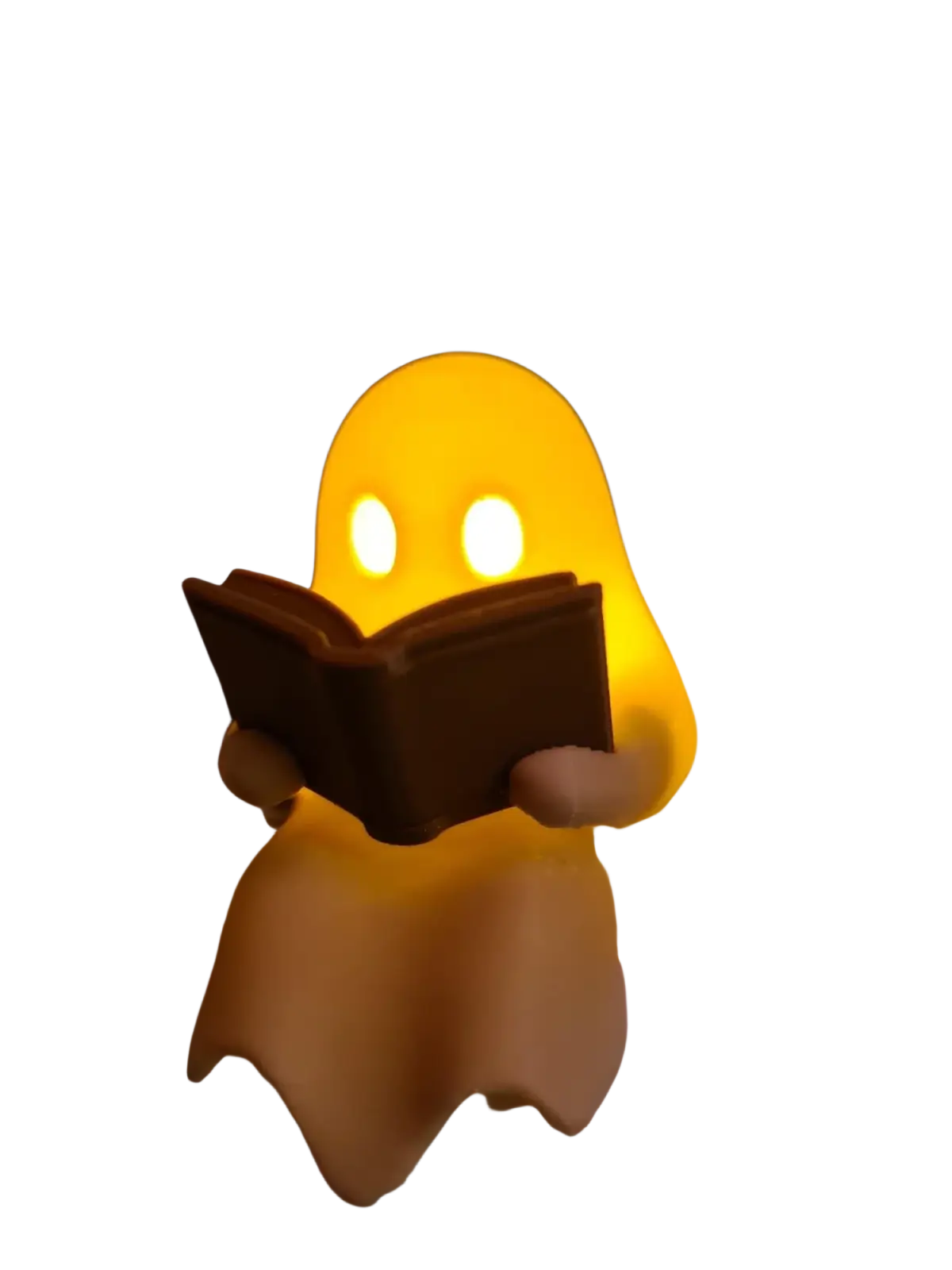 A glowing yellow ghost reading book figurine nightlight with illuminated eyes featuring flickering tealight effects
