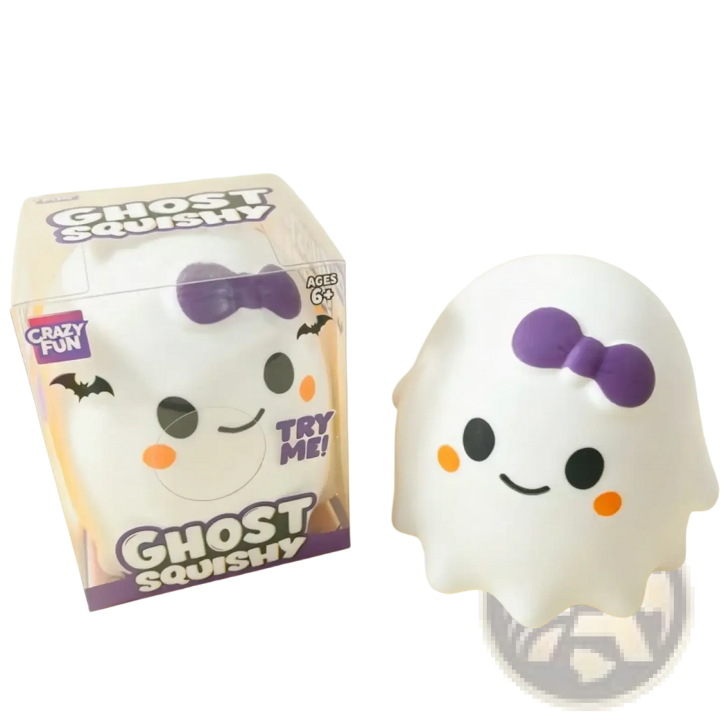 White ghost squishy slow rising stress relief toy with purple bow black eyes orange cheeks and smiling face
