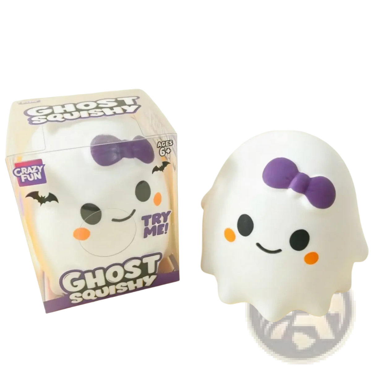 White ghost squishy slow rising stress relief toy with purple bow black eyes orange cheeks and smiling face