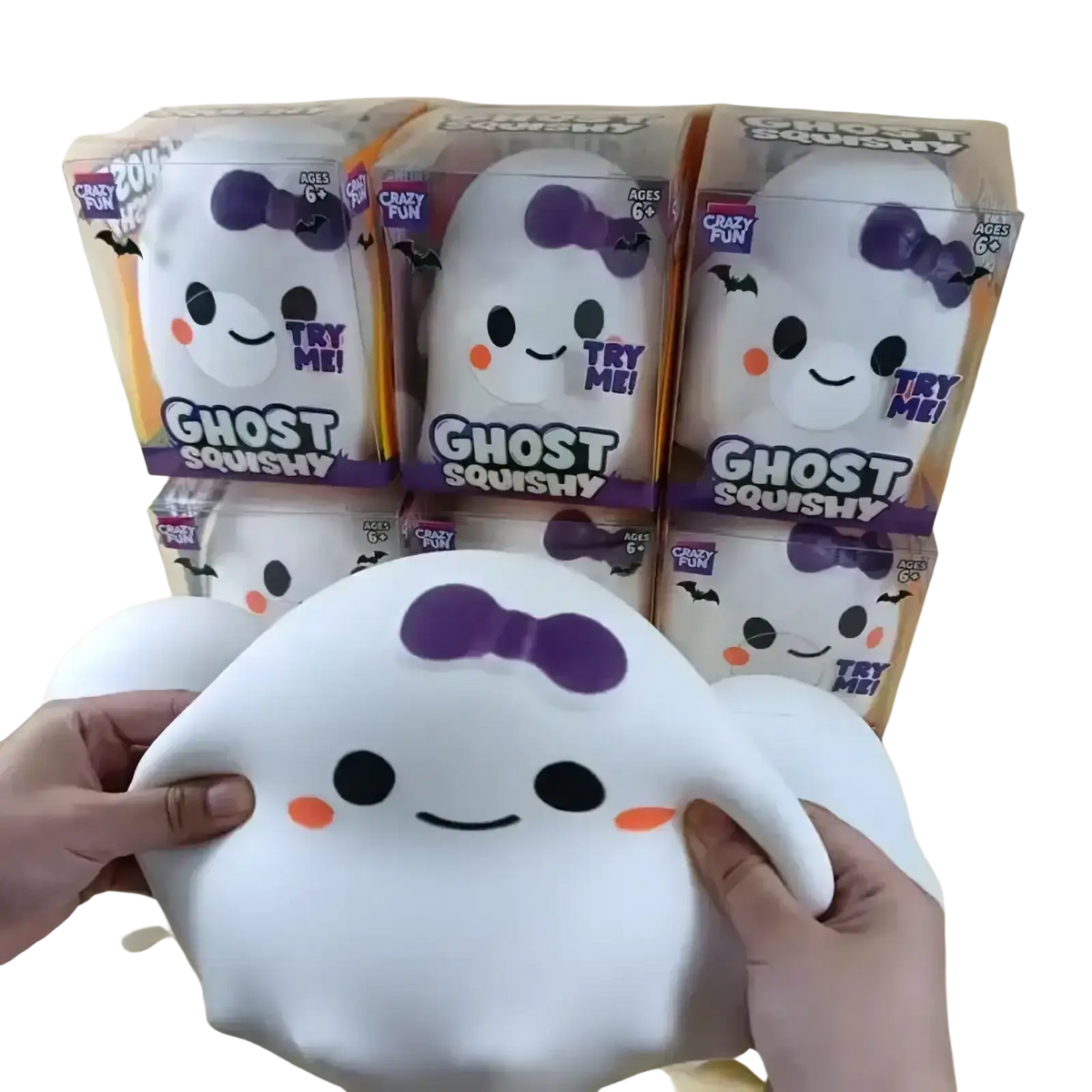 White ghost squishy slow rising stress relief toy with purple bow black eyes and orange cheeks for relaxation