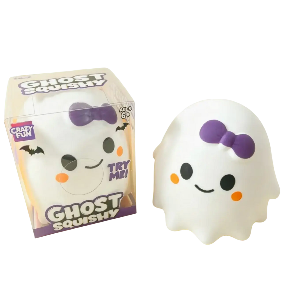 White ghost squishy slow rising stress relief toy with purple bow black eyes orange cheeks and smiling face