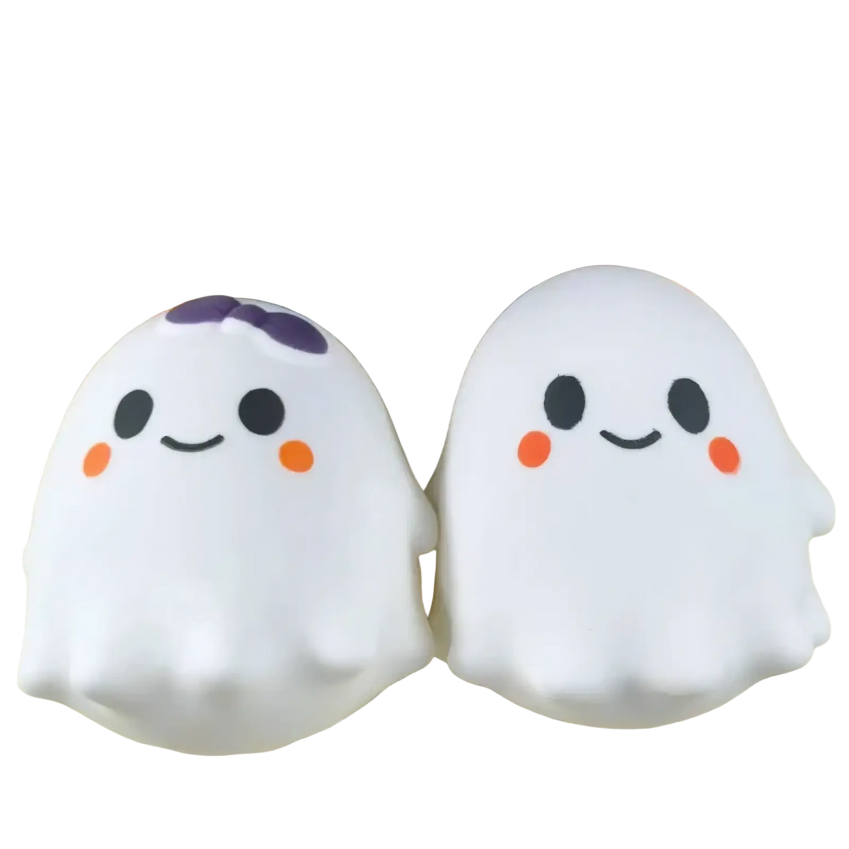 Ghost squishy slow rising stress relief toys in white with black eyes orange cheeks and a purple bow detail
